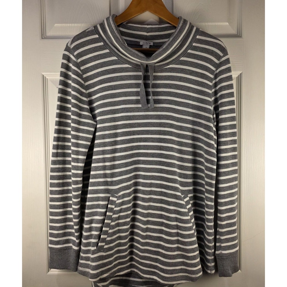 J. Crew Womens Waffle Knit Striped Shirt Cowl Collar Medium Gray White Stripes
